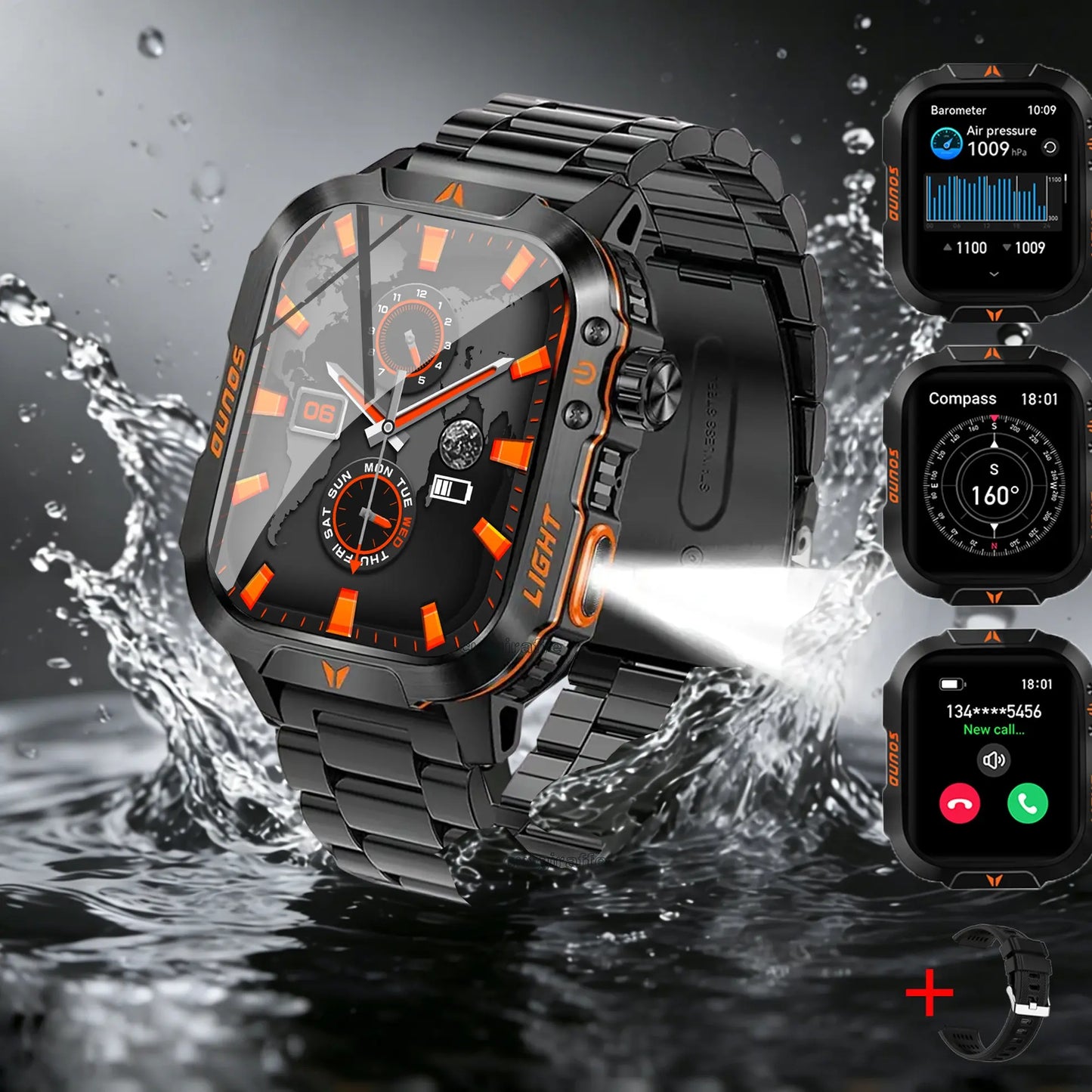 Manly Style Smart Sports Watch with LED Lights Wireless Calling, Message Reminders,Sports Mode, Voice Assistant, Weather Push,Stopwatch, Timer, Stopwatch and Other Functions, Smartwatch for Men, Compatible with Android and Iphone Phones Tracker Summerwins
