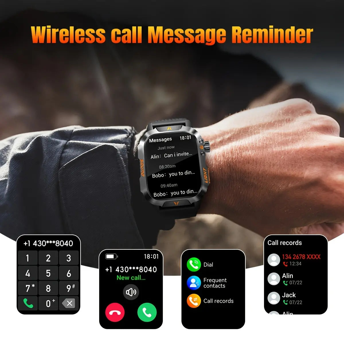 Manly Style Smart Sports Watch with LED Lights Wireless Calling, Message Reminders,Sports Mode, Voice Assistant, Weather Push,Stopwatch, Timer, Stopwatch and Other Functions, Smartwatch for Men, Compatible with Android and Iphone Phones Tracker Summerwins
