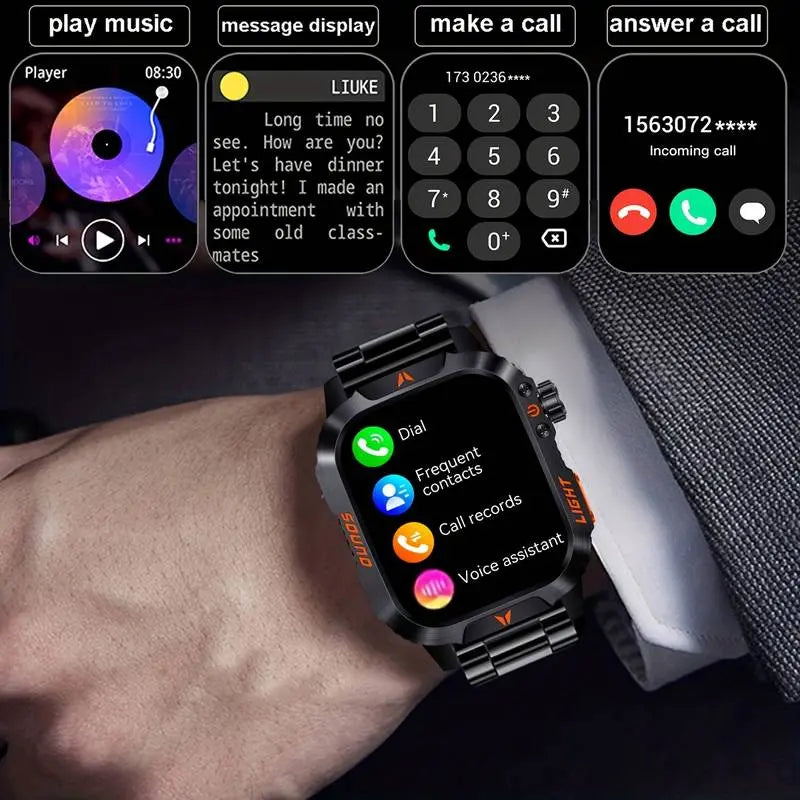 Manly Style Smart Sports Watch with LED Lights Wireless Calling, Message Reminders,Sports Mode, Voice Assistant, Weather Push,Stopwatch, Timer, Stopwatch and Other Functions, Smartwatch for Men, Compatible with Android and Iphone Phones Tracker Summerwins