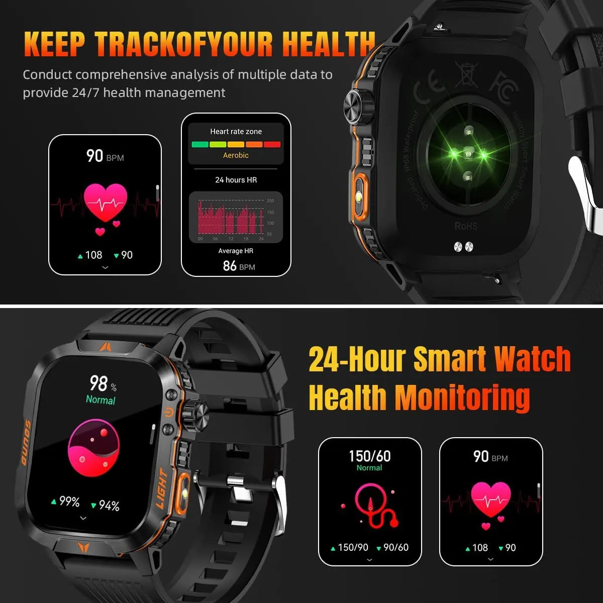 Manly Style Smart Sports Watch with LED Lights Wireless Calling, Message Reminders,Sports Mode, Voice Assistant, Weather Push,Stopwatch, Timer, Stopwatch and Other Functions, Smartwatch for Men, Compatible with Android and Iphone Phones Tracker Summerwins